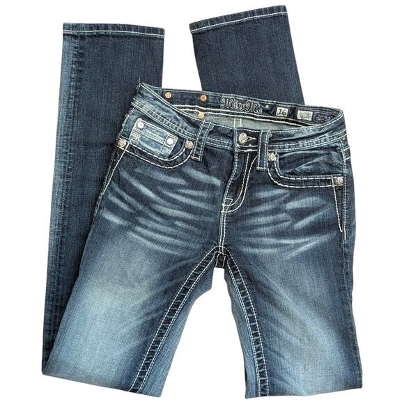 MISS ME Skinny Jeans Bedazzled Cross, Beads & Rhinestones Back Pockets Women 26 - Picture 1 of 9